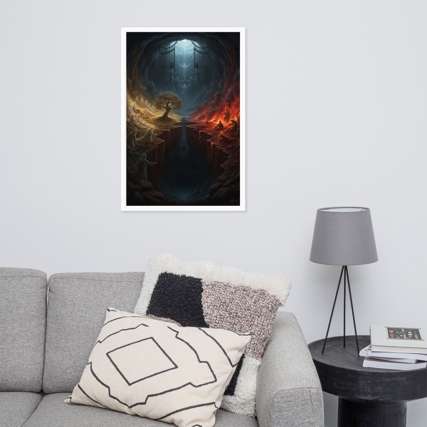 Sheol the biblical realm of the dead prophetic Christian wall art — Abraham's Bosom on the left with the righteous at rest, the pit of fire and torment on the right, a great gulf and the gates of Sheol dividing them