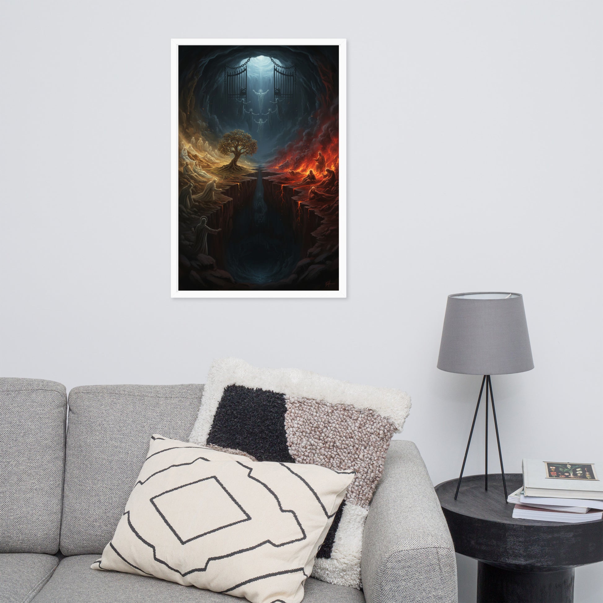 Sheol the biblical realm of the dead prophetic Christian wall art — Abraham's Bosom on the left with the righteous at rest, the pit of fire and torment on the right, a great gulf and the gates of Sheol dividing them