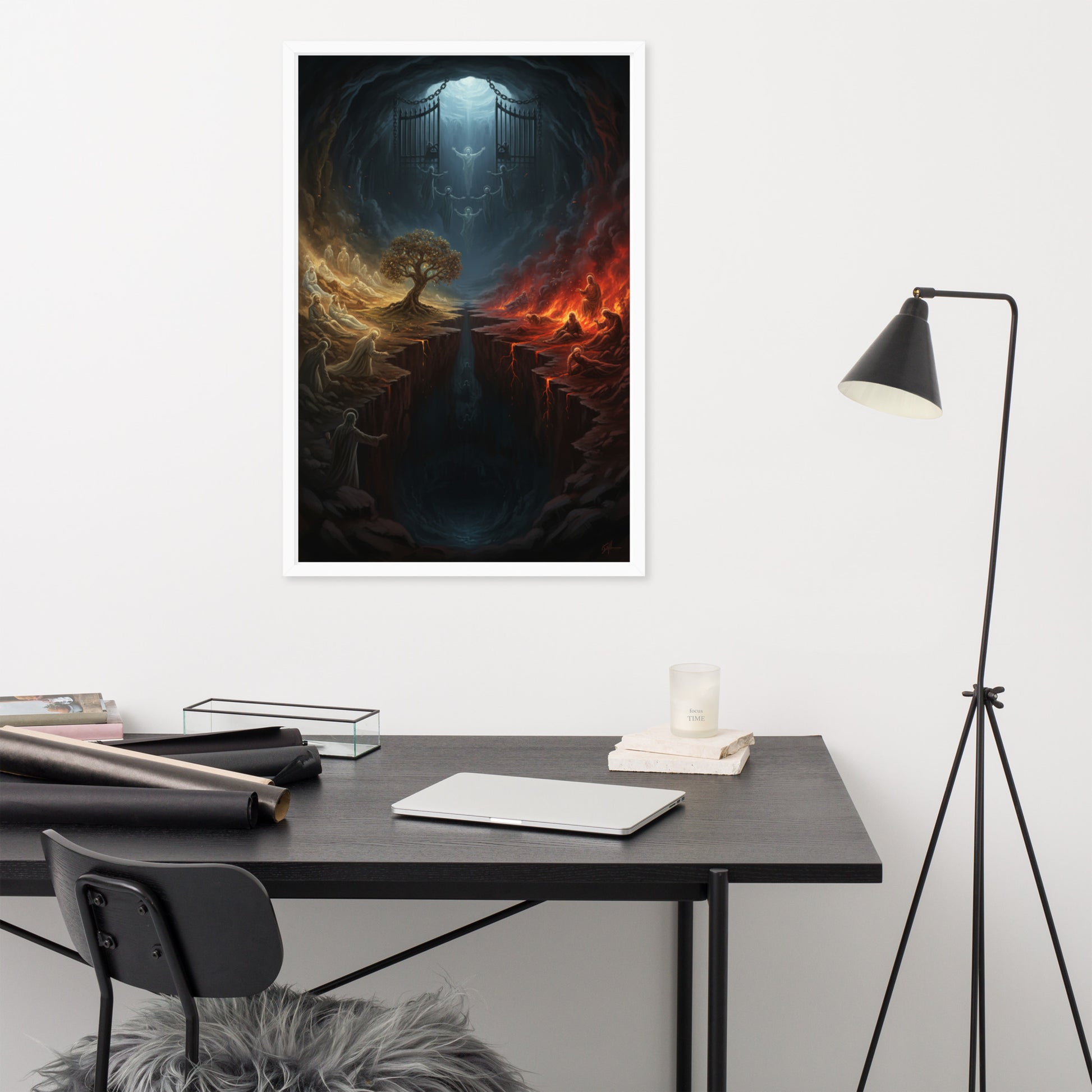 Sheol the biblical realm of the dead prophetic Christian wall art — Abraham's Bosom on the left with the righteous at rest, the pit of fire and torment on the right, a great gulf and the gates of Sheol dividing them