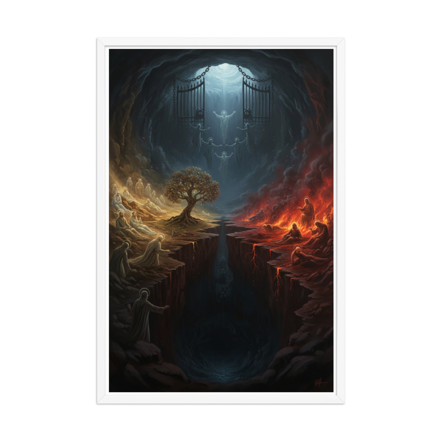 Sheol the biblical realm of the dead prophetic Christian wall art — Abraham's Bosom on the left with the righteous at rest, the pit of fire and torment on the right, a great gulf and the gates of Sheol dividing them