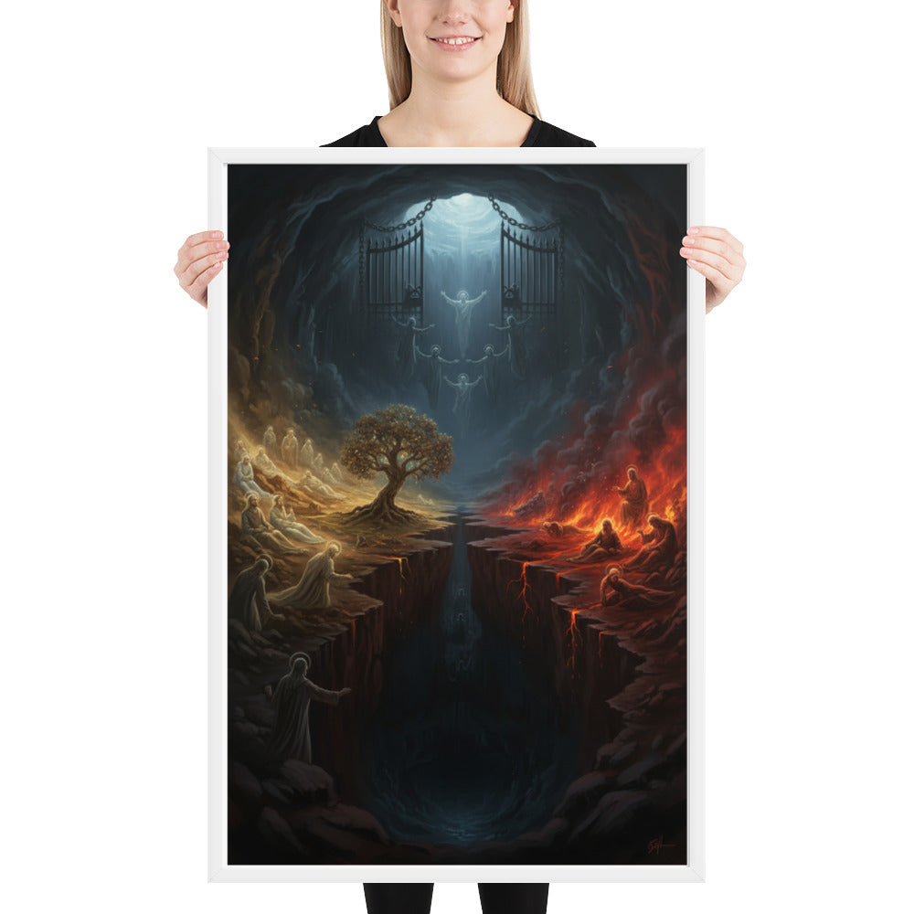 Sheol the biblical realm of the dead prophetic Christian wall art — Abraham's Bosom on the left with the righteous at rest, the pit of fire and torment on the right, a great gulf and the gates of Sheol dividing them