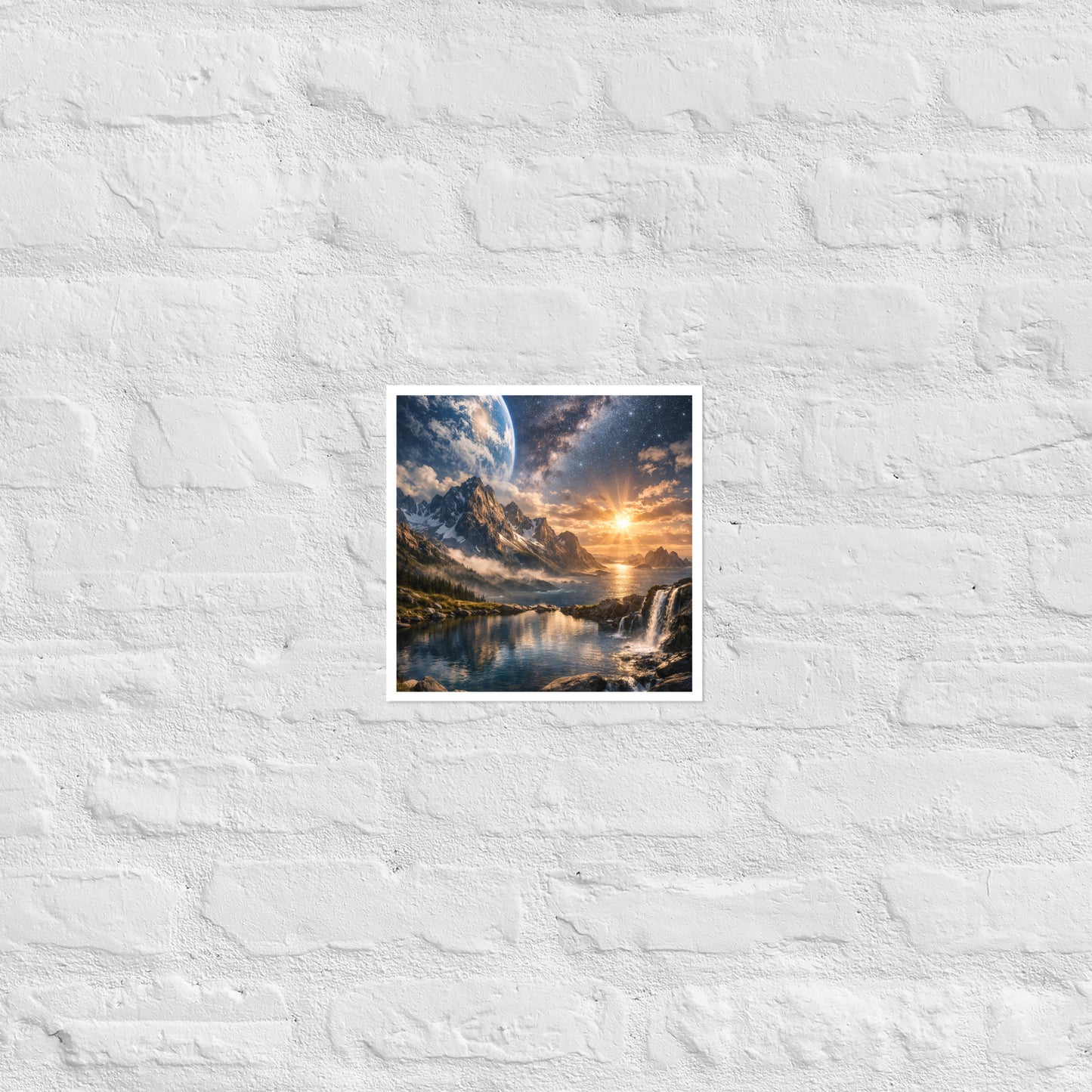 Celestial landscape poster print of jagged mountains beside the ocean at sunrise with a waterfall in the foreground and a star-filled galaxy sky with a planet-like horizon (unframed).