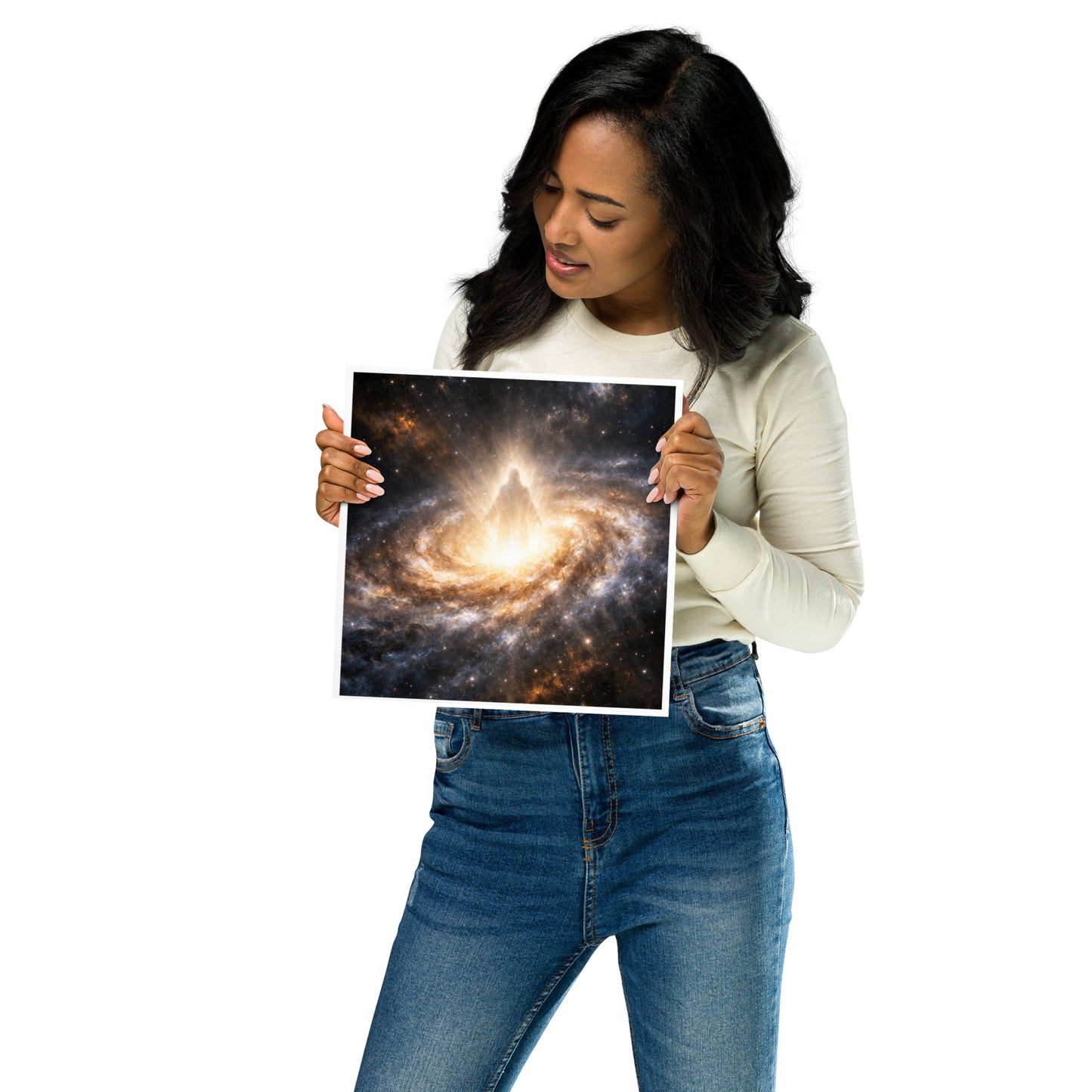 Unframed Christian galaxy poster featuring radiant light and a glowing figure in the cosmos, faith wall art for home decor.