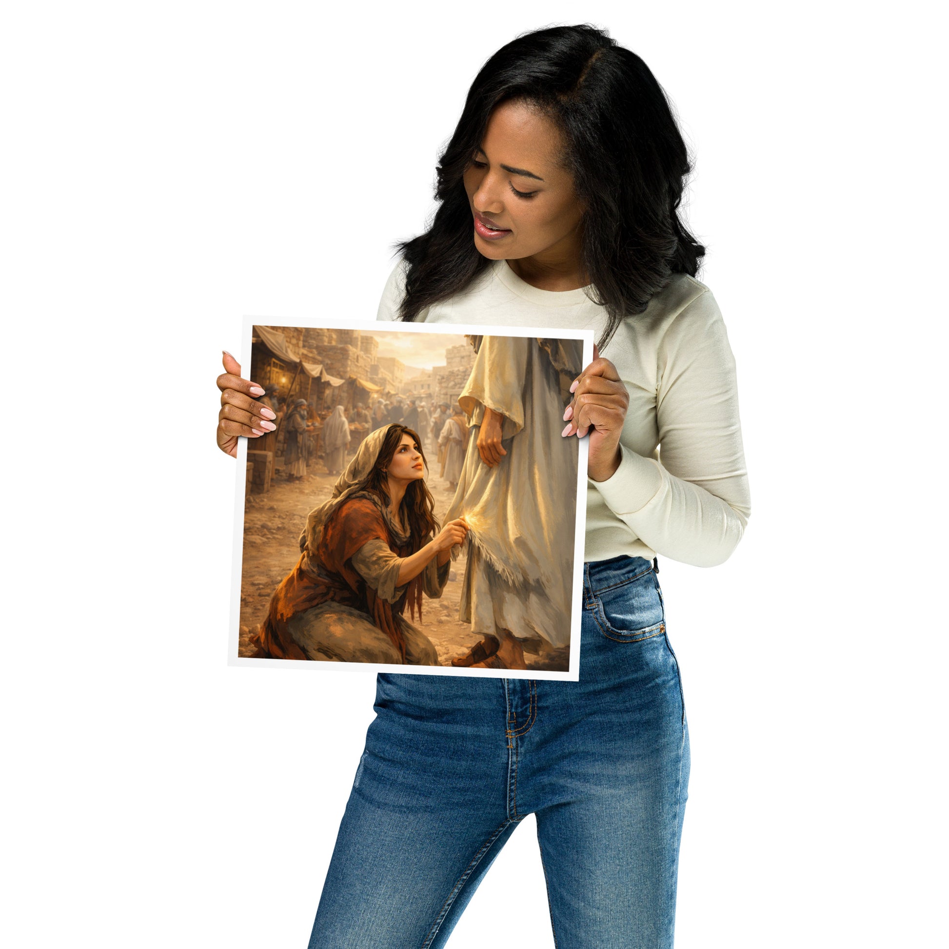 Christian poster art of the woman touching the hem of Jesus’ garment in an ancient marketplace, inspired by Mark 5 faith and healing