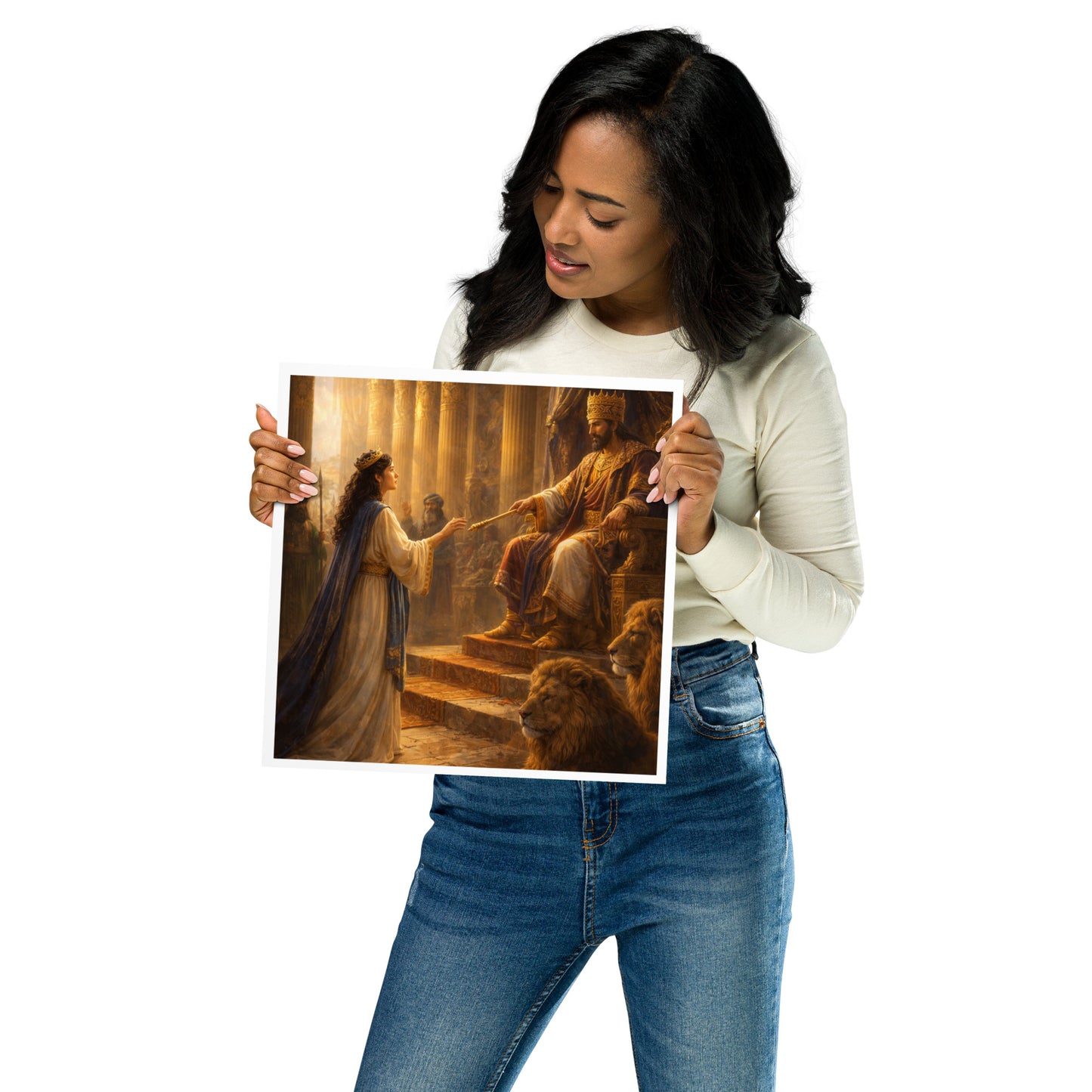 Christian wall art of Queen Esther standing before the king in a golden throne room with lions at his feet, symbolizing courage, favor, and “for such a time as this.”
