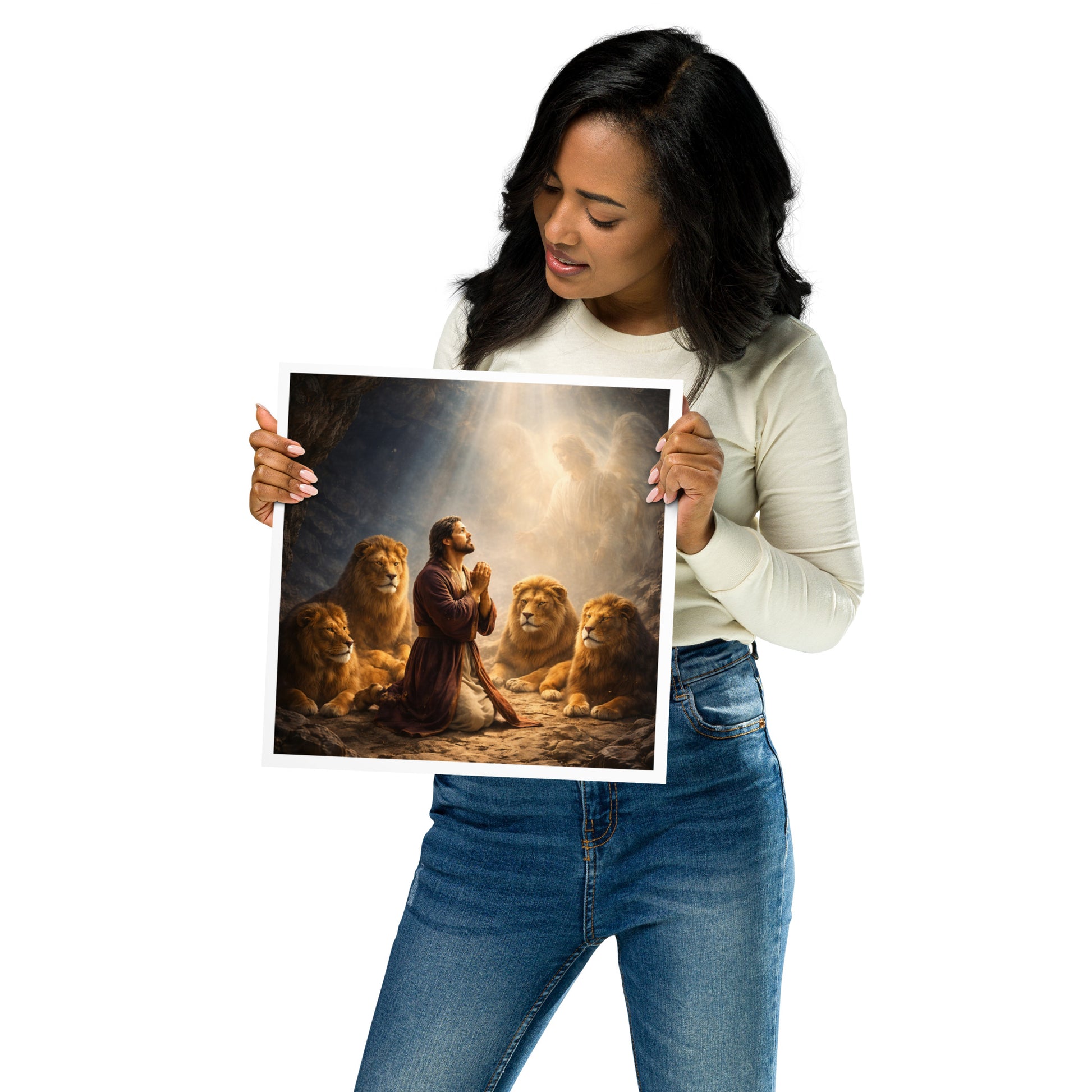 Christian artwork depicting Daniel praying in the lion’s den surrounded by lions with God’s presence shining above, inspired by Daniel chapter 6.