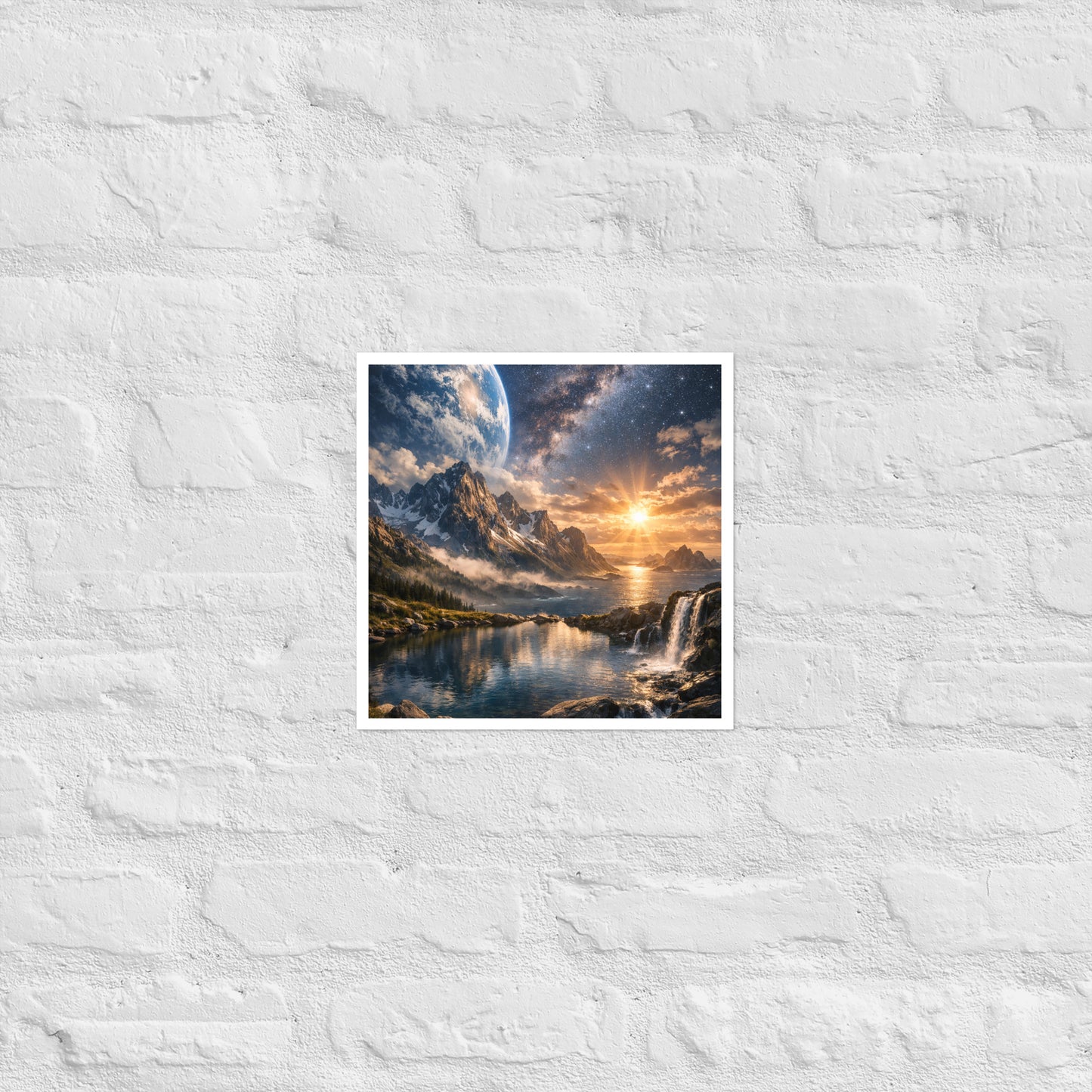 Celestial landscape poster print of jagged mountains beside the ocean at sunrise with a waterfall in the foreground and a star-filled galaxy sky with a planet-like horizon (unframed).