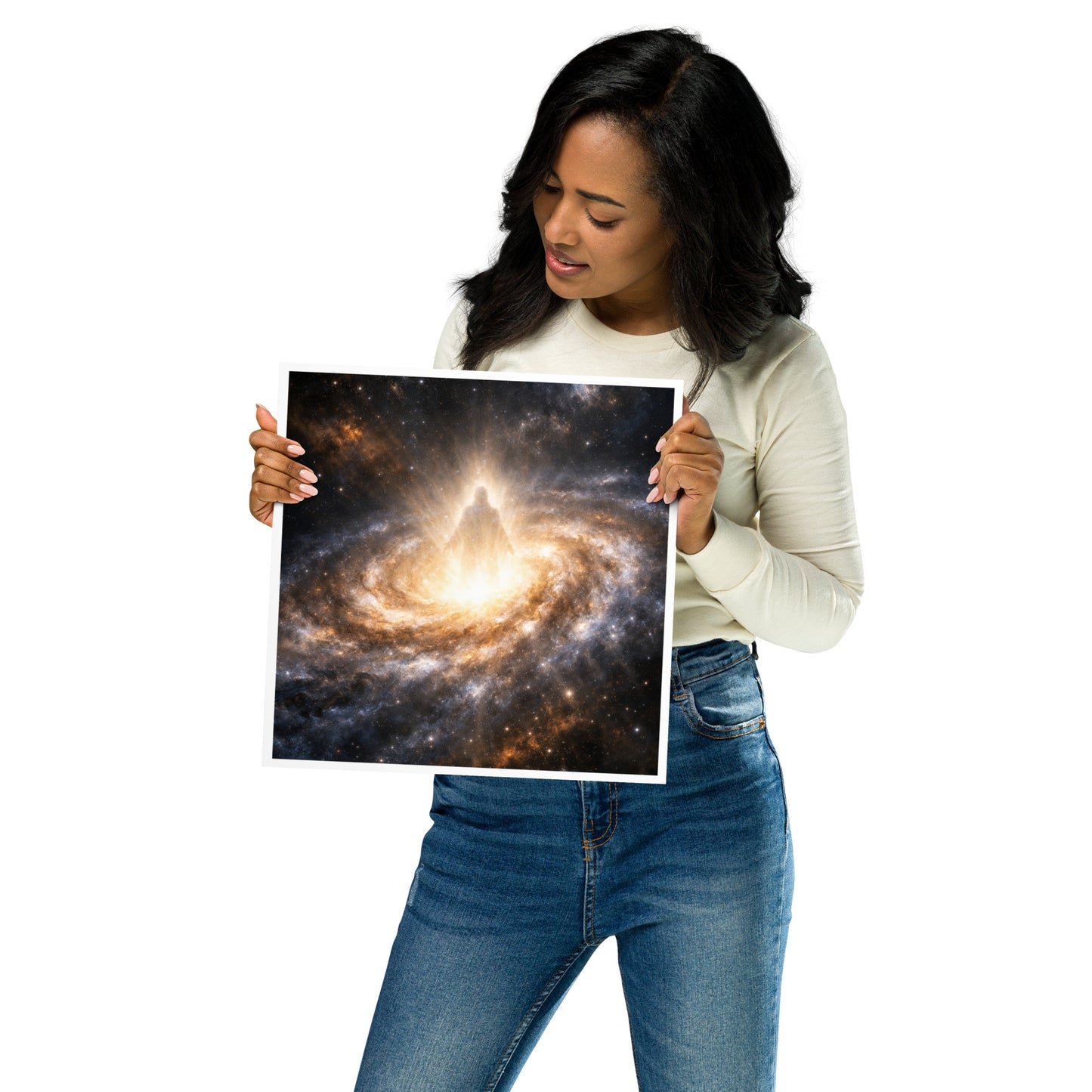 Unframed Christian galaxy poster featuring radiant light and a glowing figure in the cosmos, faith wall art for home decor.