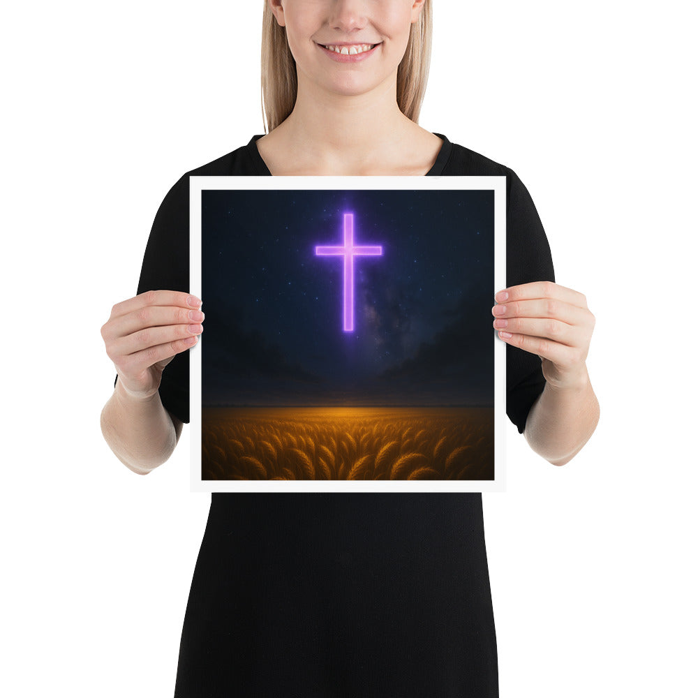 Christian Poster – Glowing Neon Cross Over Wheat Field Harvest Scene | Faith Wall Art by Your Divine Network