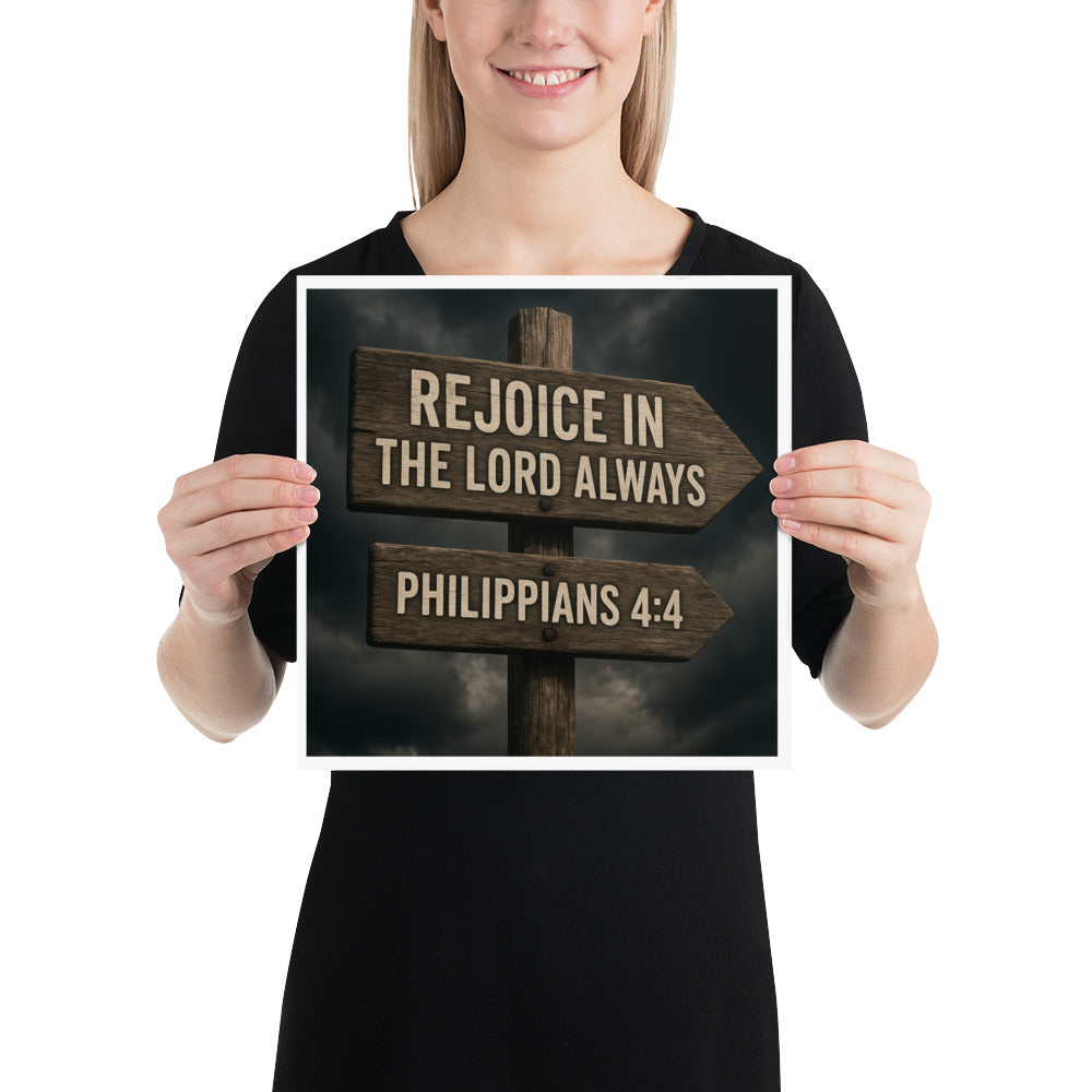 Christian wall art poster with Philippians 4:4 “Rejoice in the Lord always” – Scripture print inspiring joy and faith in God.