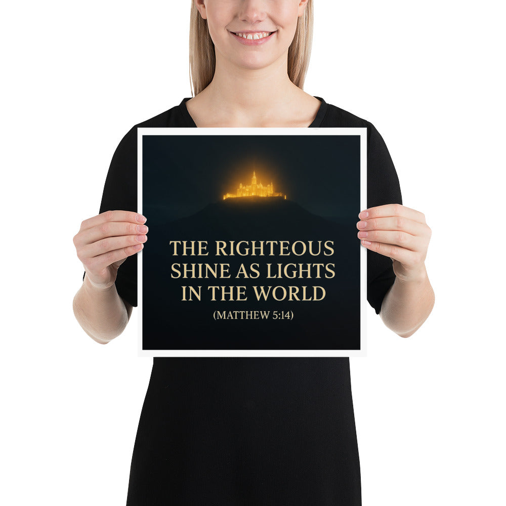 Christian wall art poster of a glowing city on a hill with Matthew 5:14 Scripture – Light of the World inspirational décor.