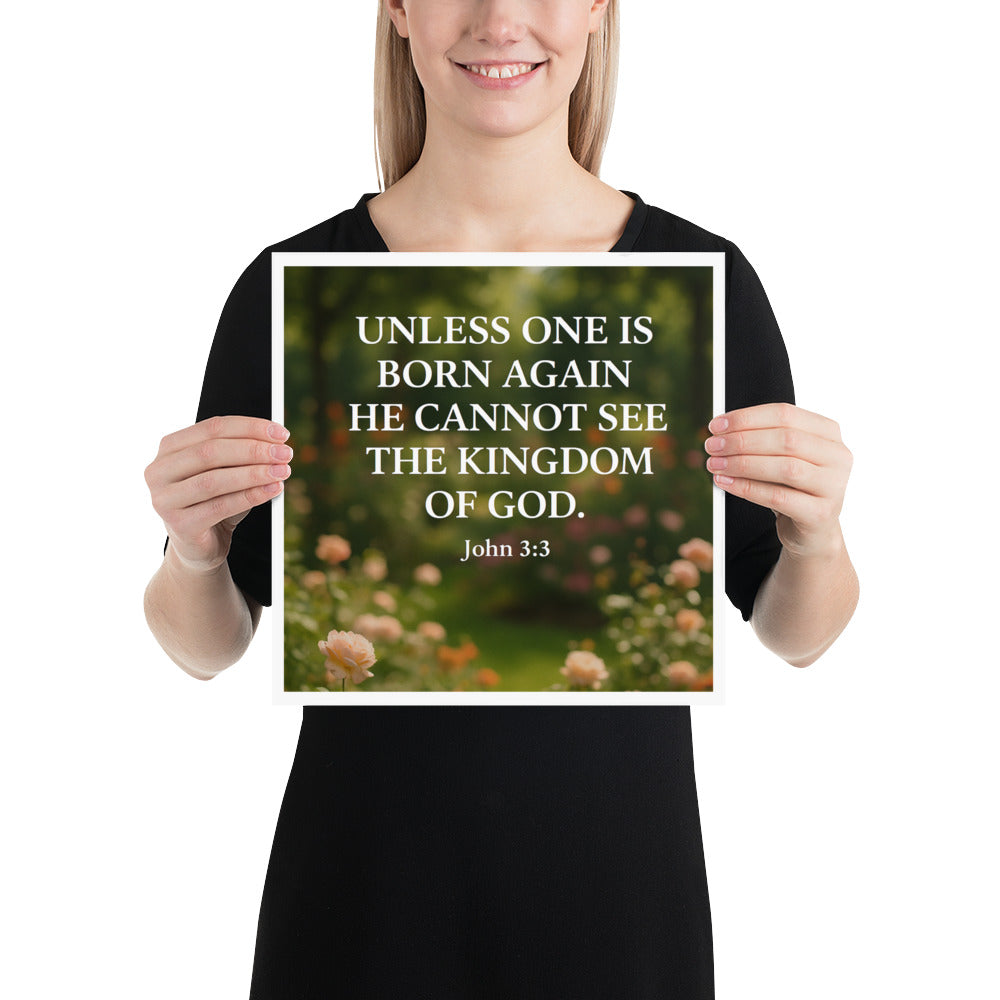 Christian wall art poster with garden flowers and John 3:3 Scripture — faith-based inspirational décor for home or church.