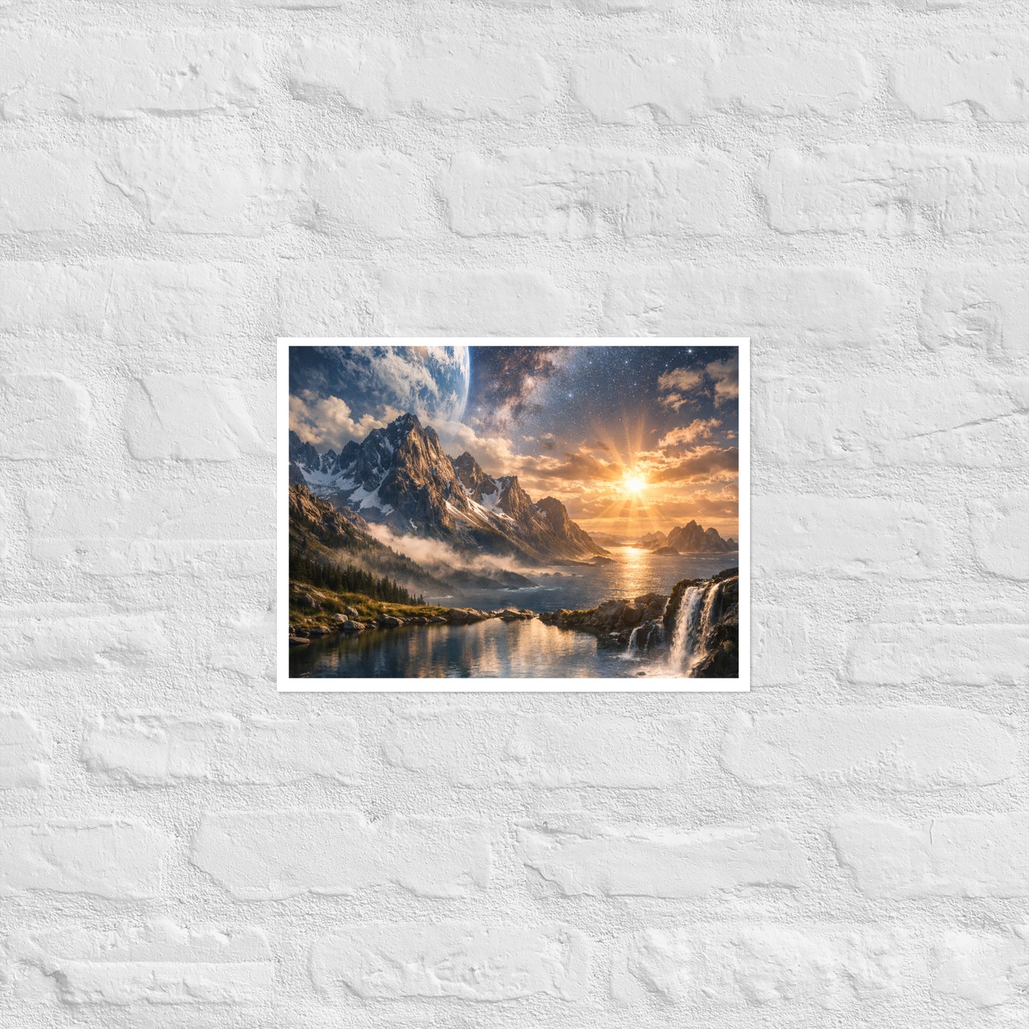 Celestial landscape poster print of jagged mountains beside the ocean at sunrise with a waterfall in the foreground and a star-filled galaxy sky with a planet-like horizon (unframed).