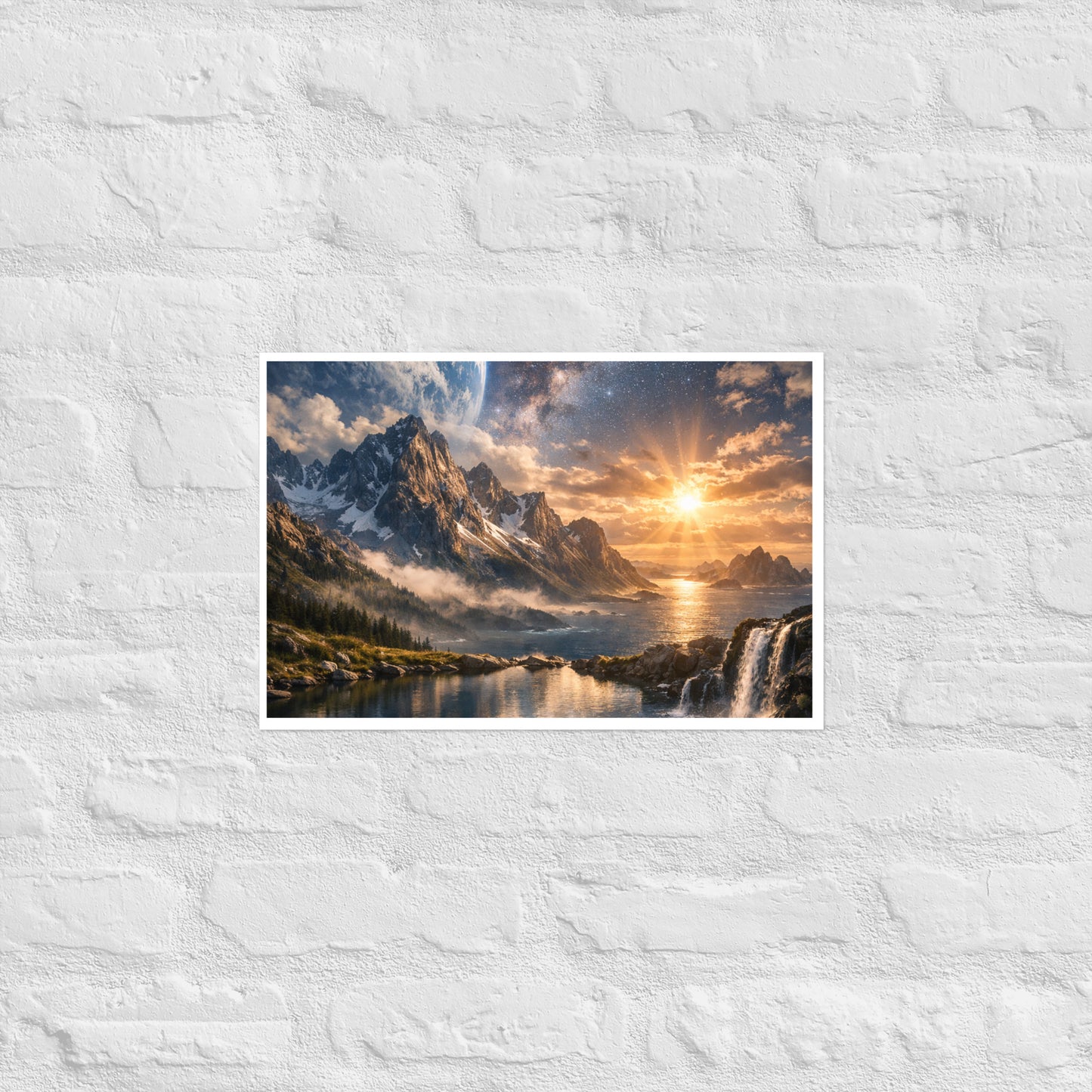 Celestial landscape poster print of jagged mountains beside the ocean at sunrise with a waterfall in the foreground and a star-filled galaxy sky with a planet-like horizon (unframed).