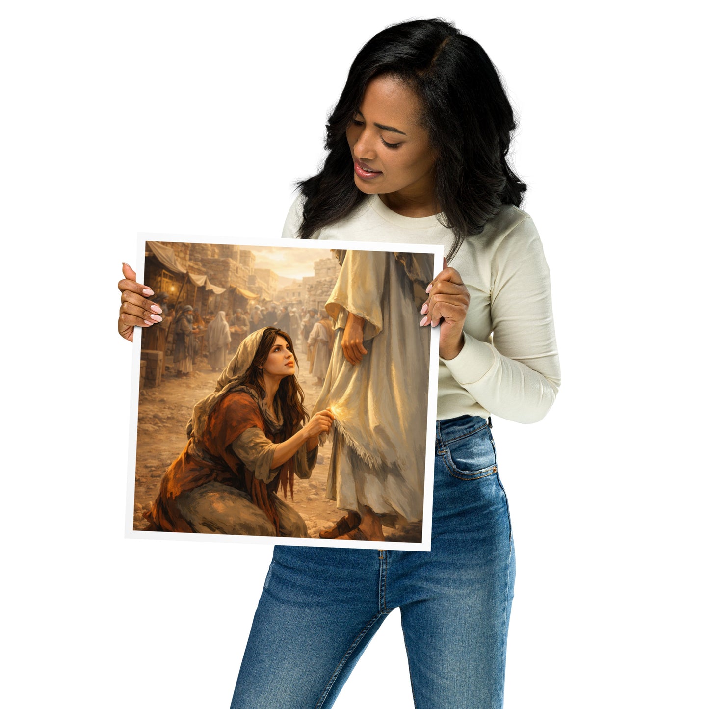 Christian poster art of the woman touching the hem of Jesus’ garment in an ancient marketplace, inspired by Mark 5 faith and healing