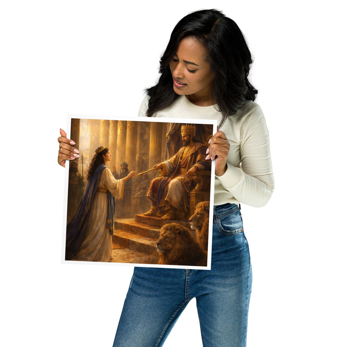 Christian wall art of Queen Esther standing before the king in a golden throne room with lions at his feet, symbolizing courage, favor, and “for such a time as this.”