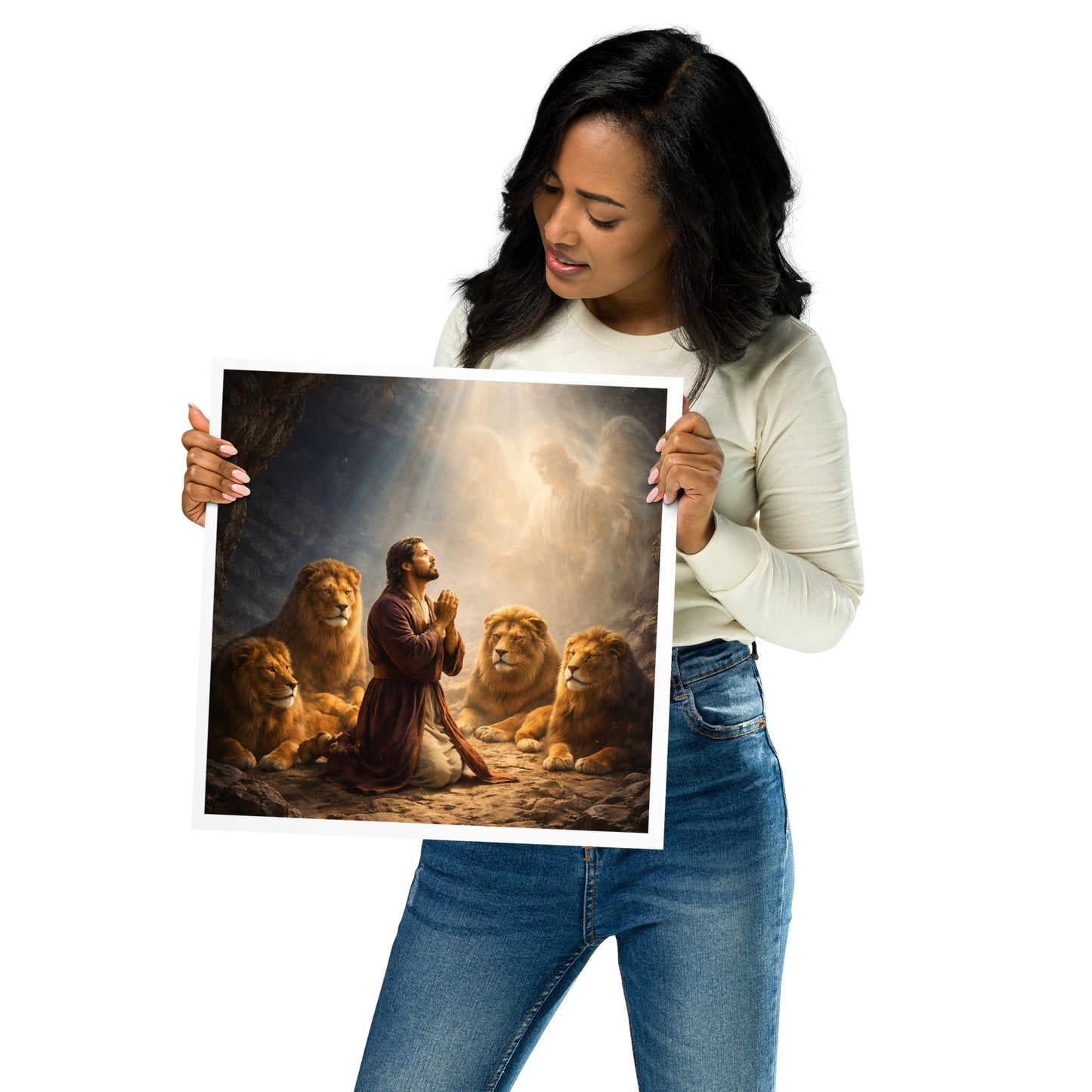 Christian artwork depicting Daniel praying in the lion’s den surrounded by lions with God’s presence shining above, inspired by Daniel chapter 6.