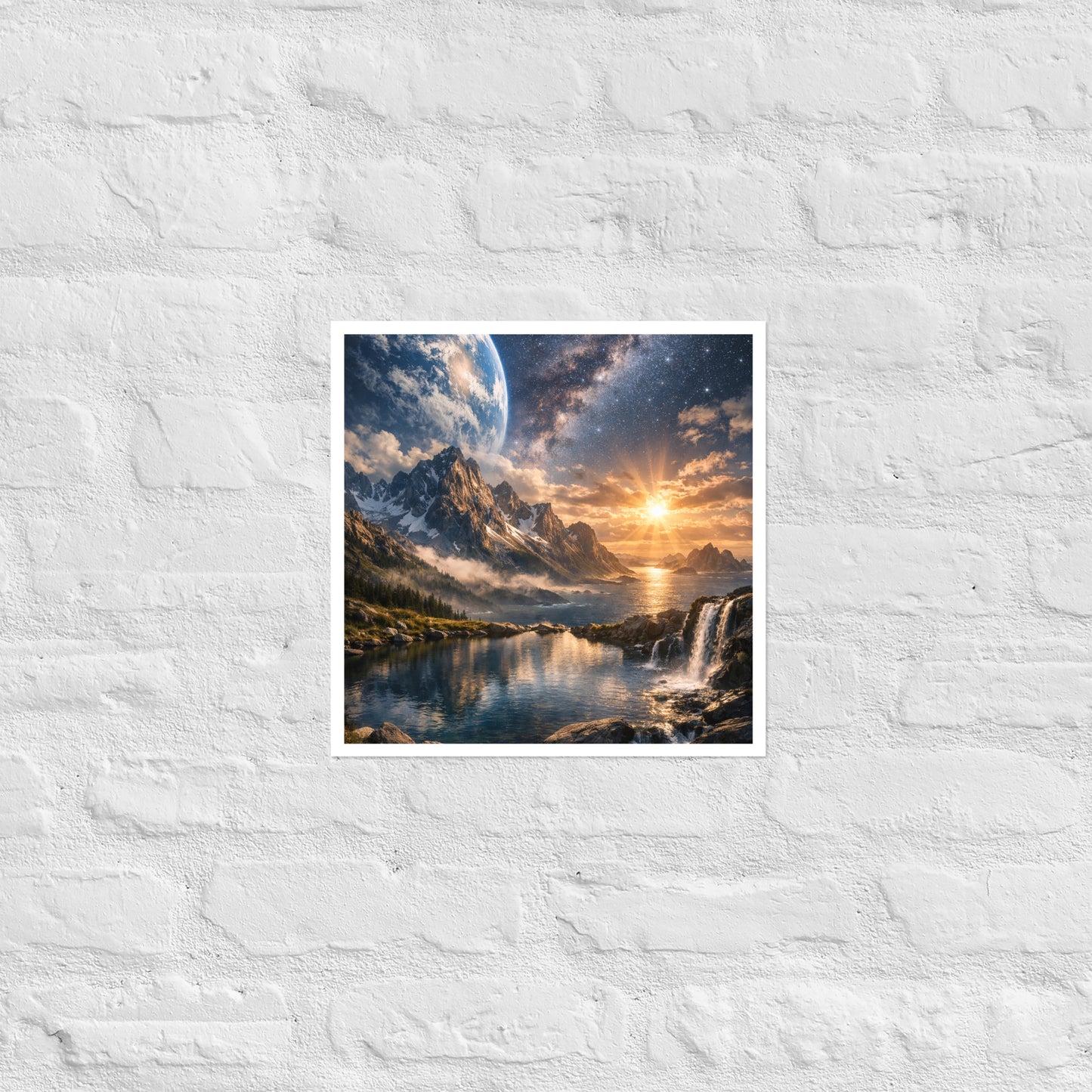 Celestial landscape poster print of jagged mountains beside the ocean at sunrise with a waterfall in the foreground and a star-filled galaxy sky with a planet-like horizon (unframed).