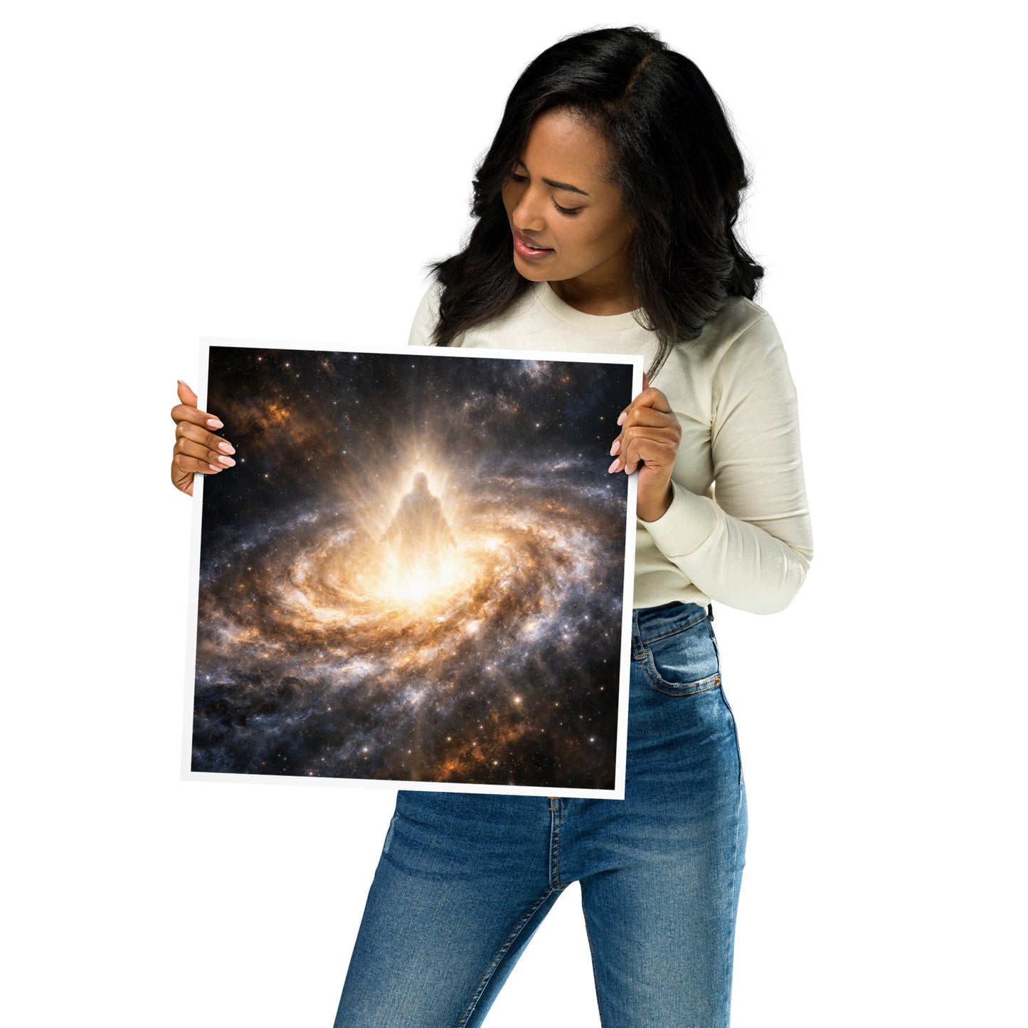 Unframed Christian galaxy poster featuring radiant light and a glowing figure in the cosmos, faith wall art for home decor.