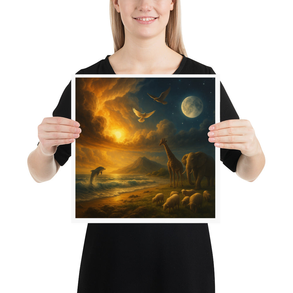 Genesis 1 creation scene poster with sun, moon, ocean waves and animals- Christian wall art