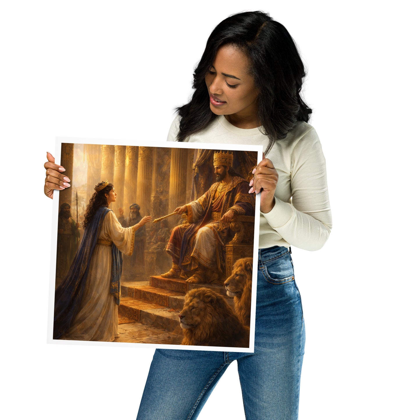 Christian wall art of Queen Esther standing before the king in a golden throne room with lions at his feet, symbolizing courage, favor, and “for such a time as this.”