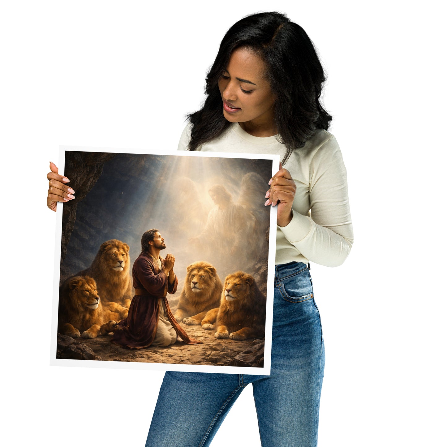 Christian artwork depicting Daniel praying in the lion’s den surrounded by lions with God’s presence shining above, inspired by Daniel chapter 6.