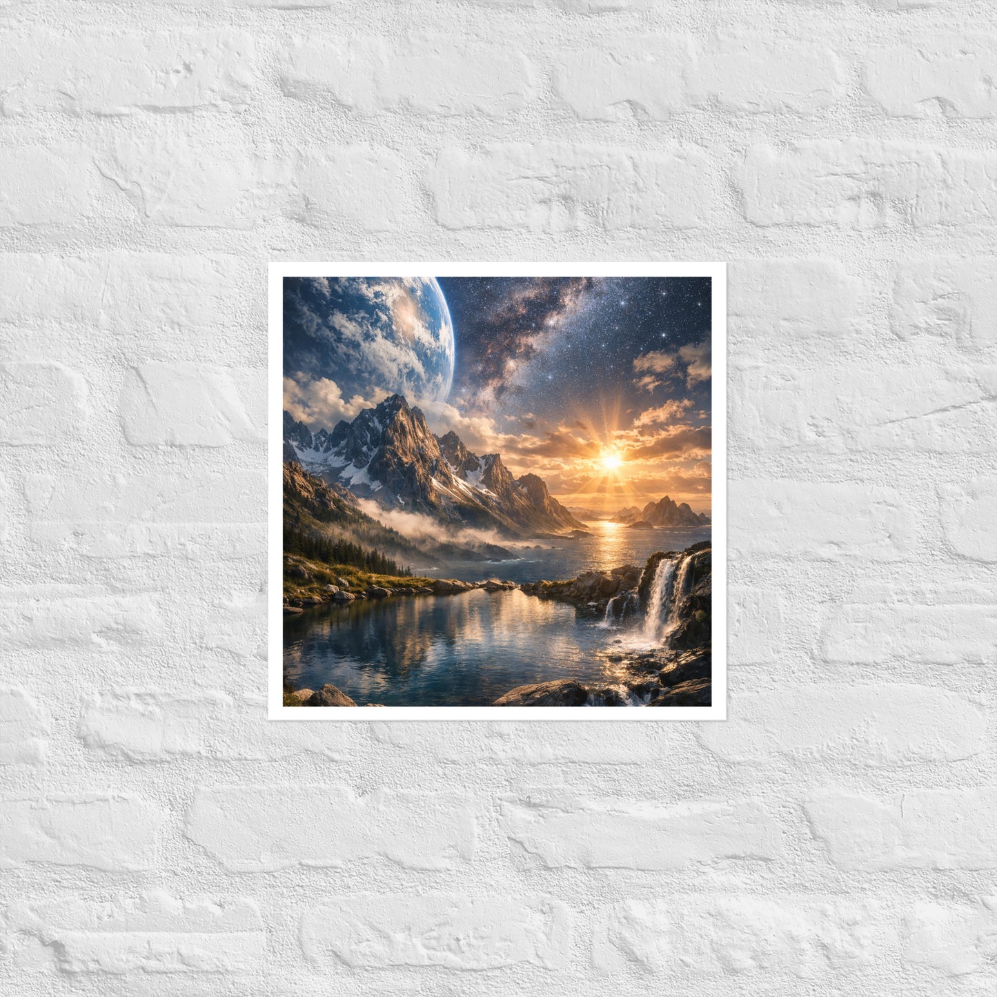 Celestial landscape poster print of jagged mountains beside the ocean at sunrise with a waterfall in the foreground and a star-filled galaxy sky with a planet-like horizon (unframed).