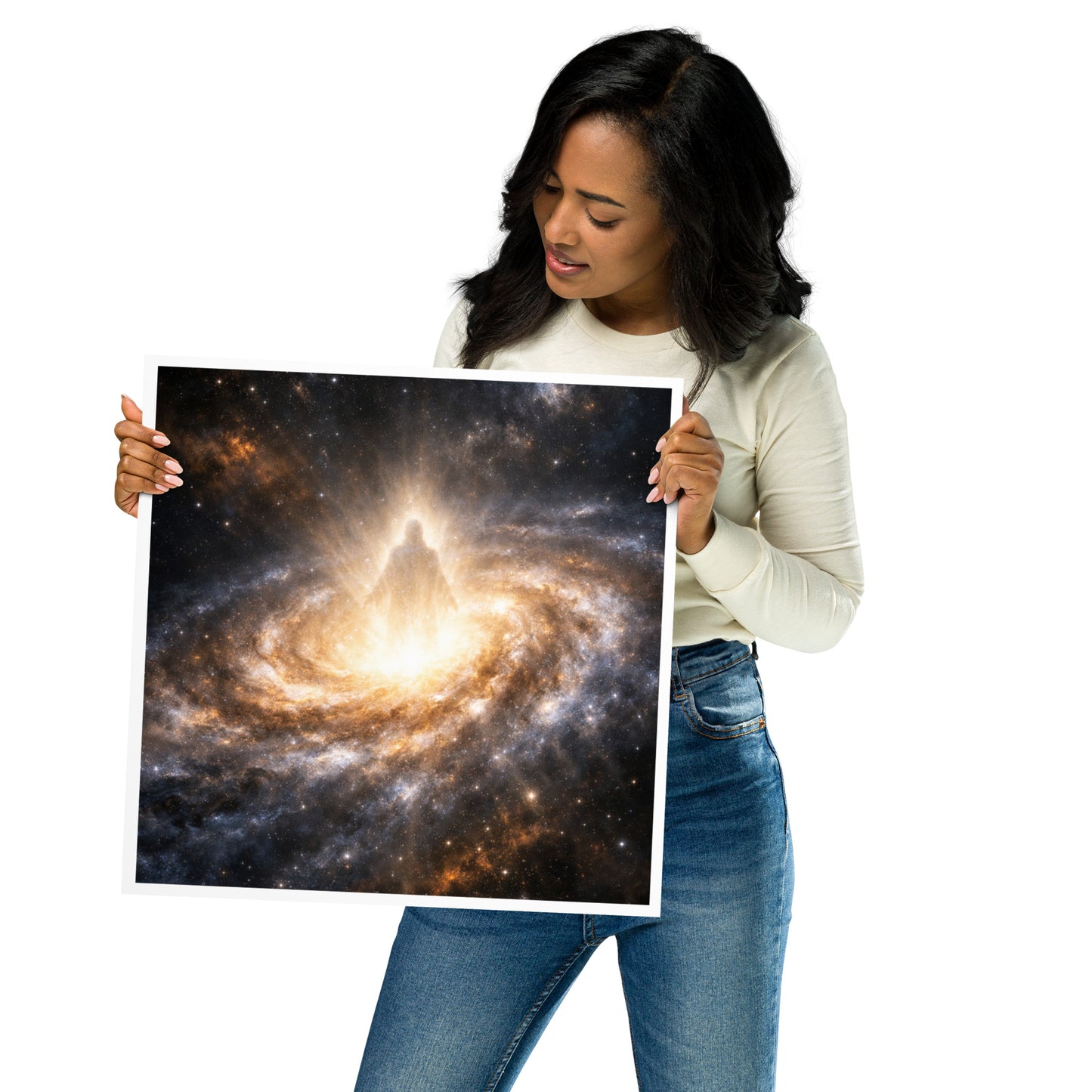 Unframed Christian galaxy poster featuring radiant light and a glowing figure in the cosmos, faith wall art for home decor.