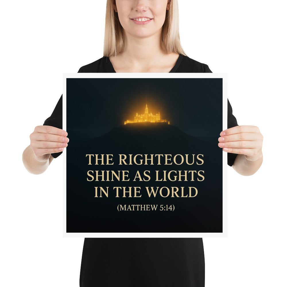 Christian wall art poster of a glowing city on a hill with Matthew 5:14 Scripture – Light of the World inspirational décor.