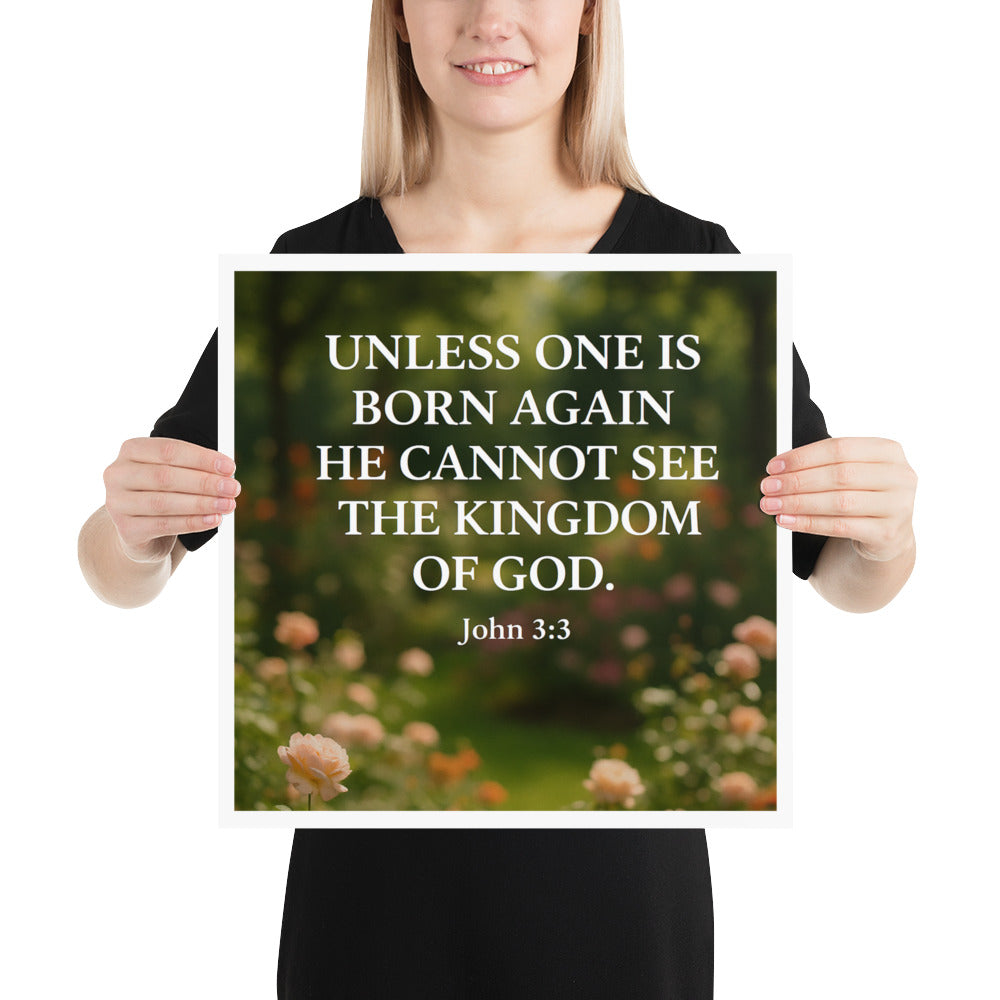 Christian wall art poster with garden flowers and John 3:3 Scripture — faith-based inspirational décor for home or church.