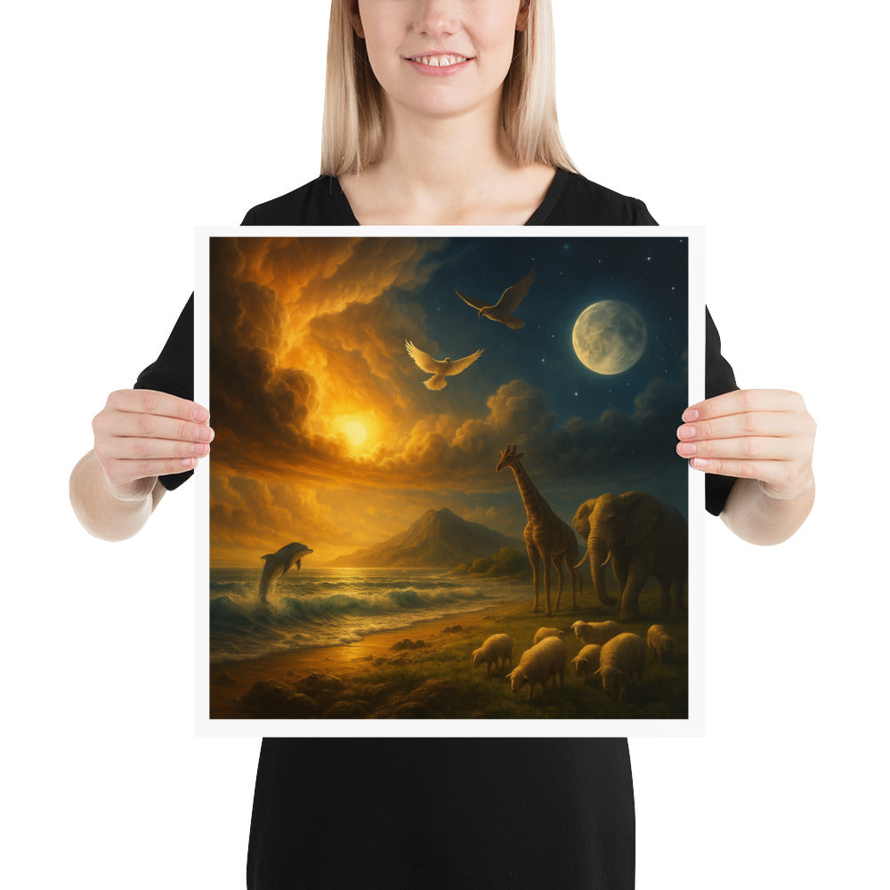 Genesis 1 creation scene poster with sun, moon, ocean waves and animals- Christian wall art