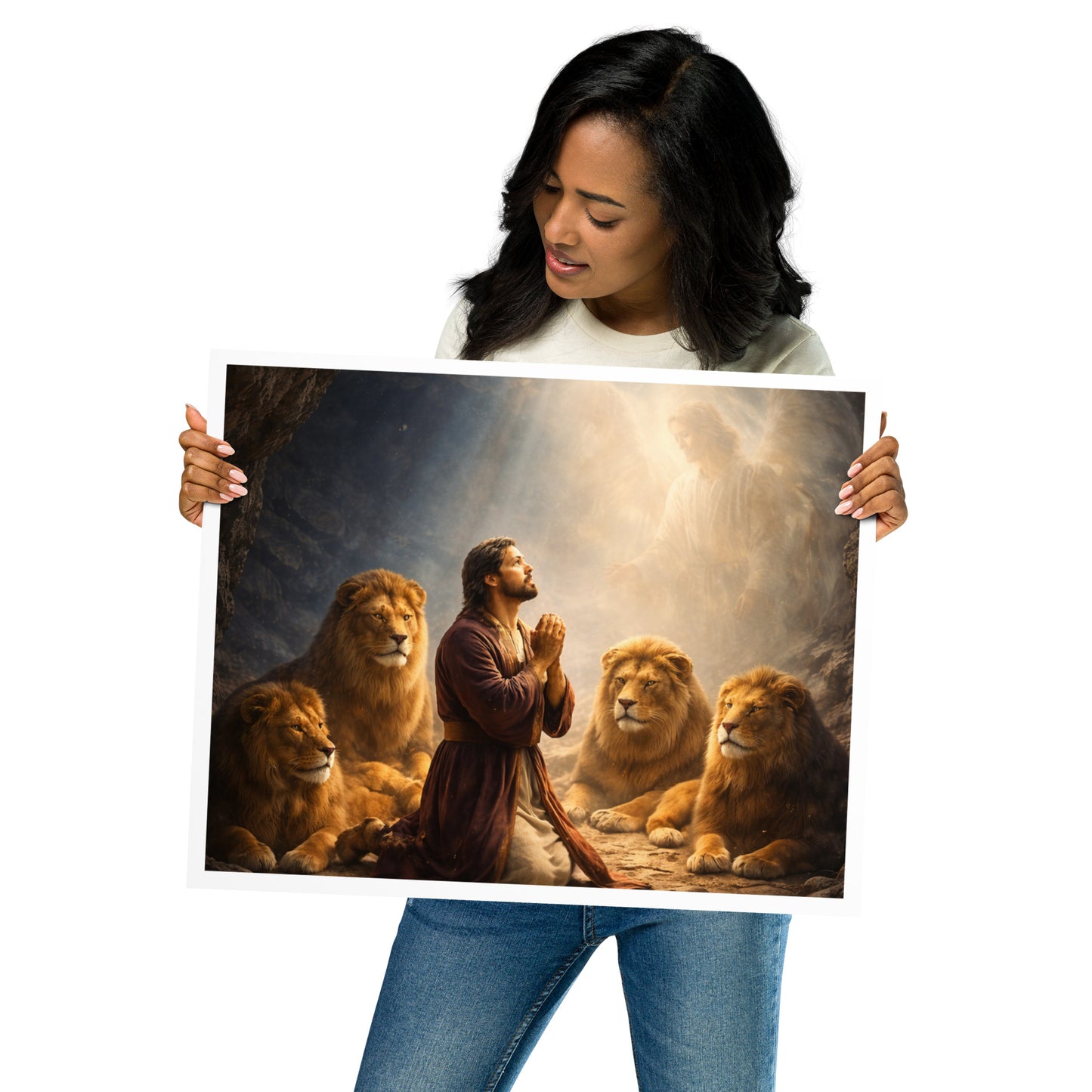 Christian artwork depicting Daniel praying in the lion’s den surrounded by lions with God’s presence shining above, inspired by Daniel chapter 6.