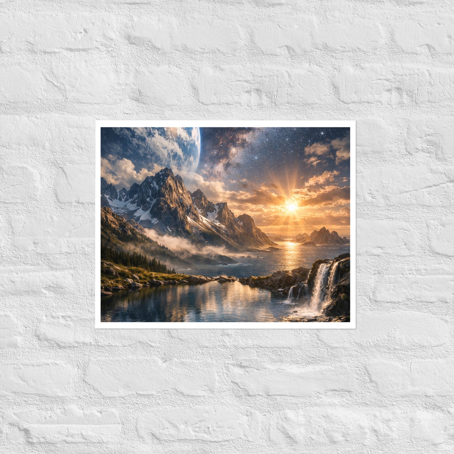 Celestial landscape poster print of jagged mountains beside the ocean at sunrise with a waterfall in the foreground and a star-filled galaxy sky with a planet-like horizon (unframed).