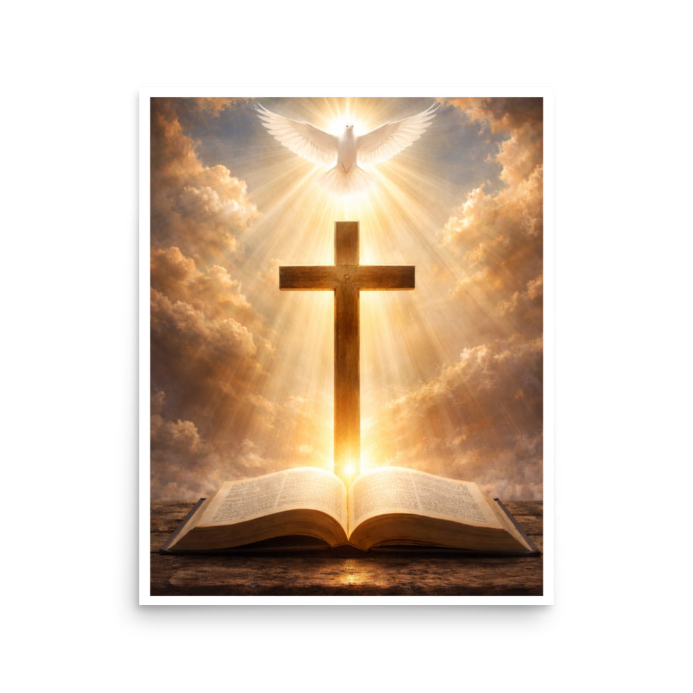 Radiant white dove above a wooden cross with golden light rays shining down onto an open Bible, inspirational Christian faith poster.