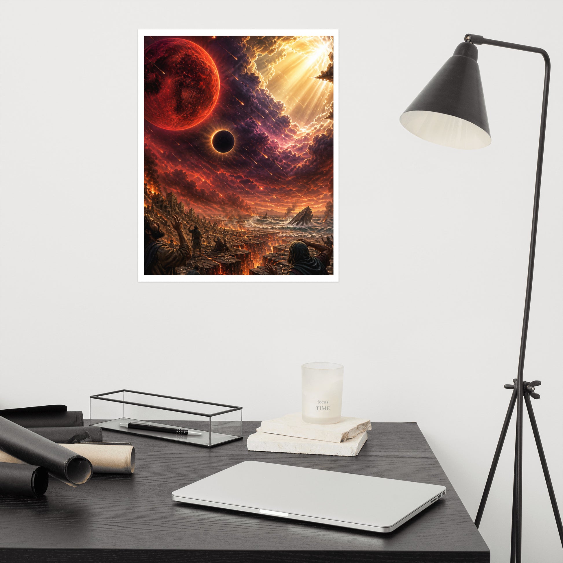 Revelation inspired Christian poster showing a blood moon, darkened sky, fiery heavens, and apocalyptic biblical end-times imagery.