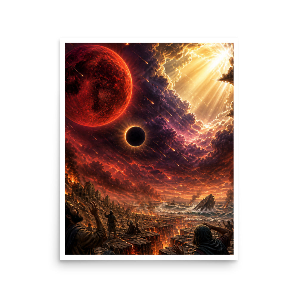 Revelation inspired Christian poster showing a blood moon, darkened sky, fiery heavens, and apocalyptic biblical end-times imagery.
