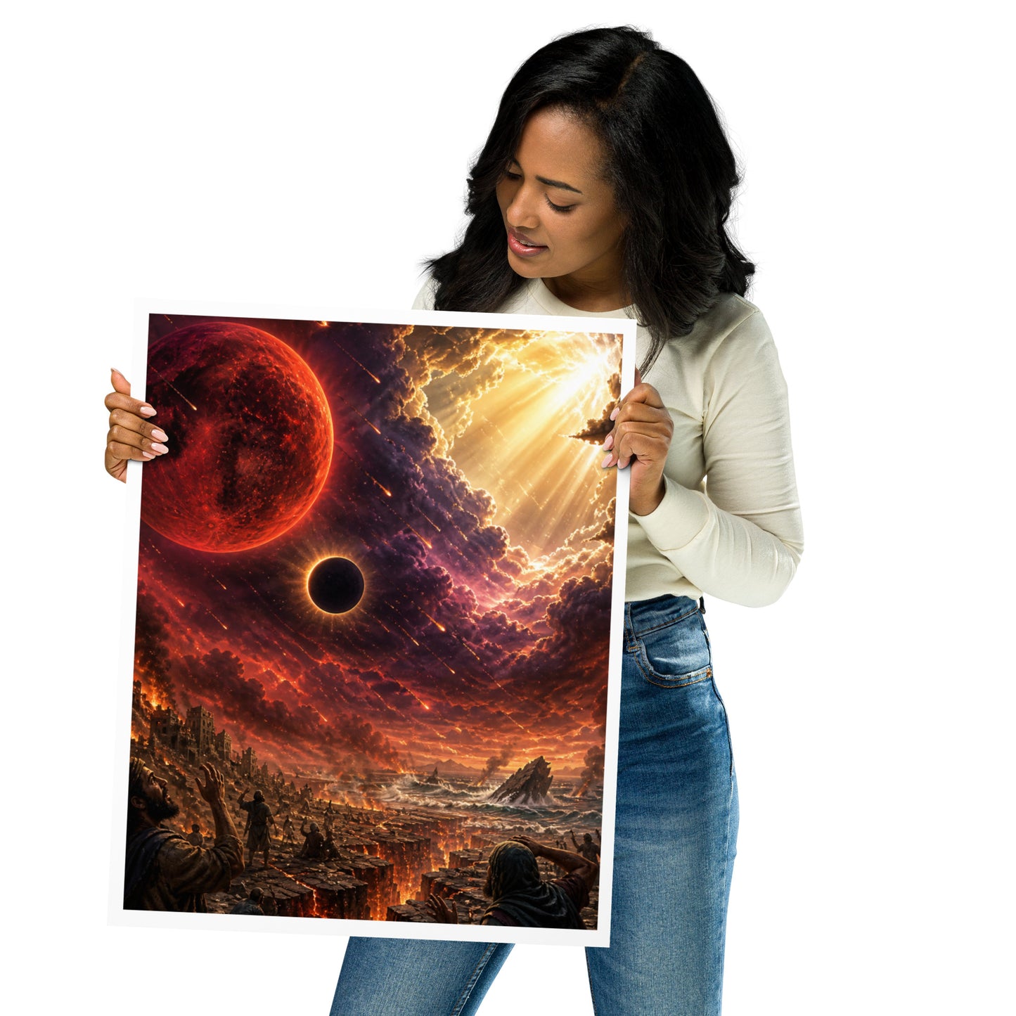 Revelation inspired Christian poster showing a blood moon, darkened sky, fiery heavens, and apocalyptic biblical end-times imagery.
