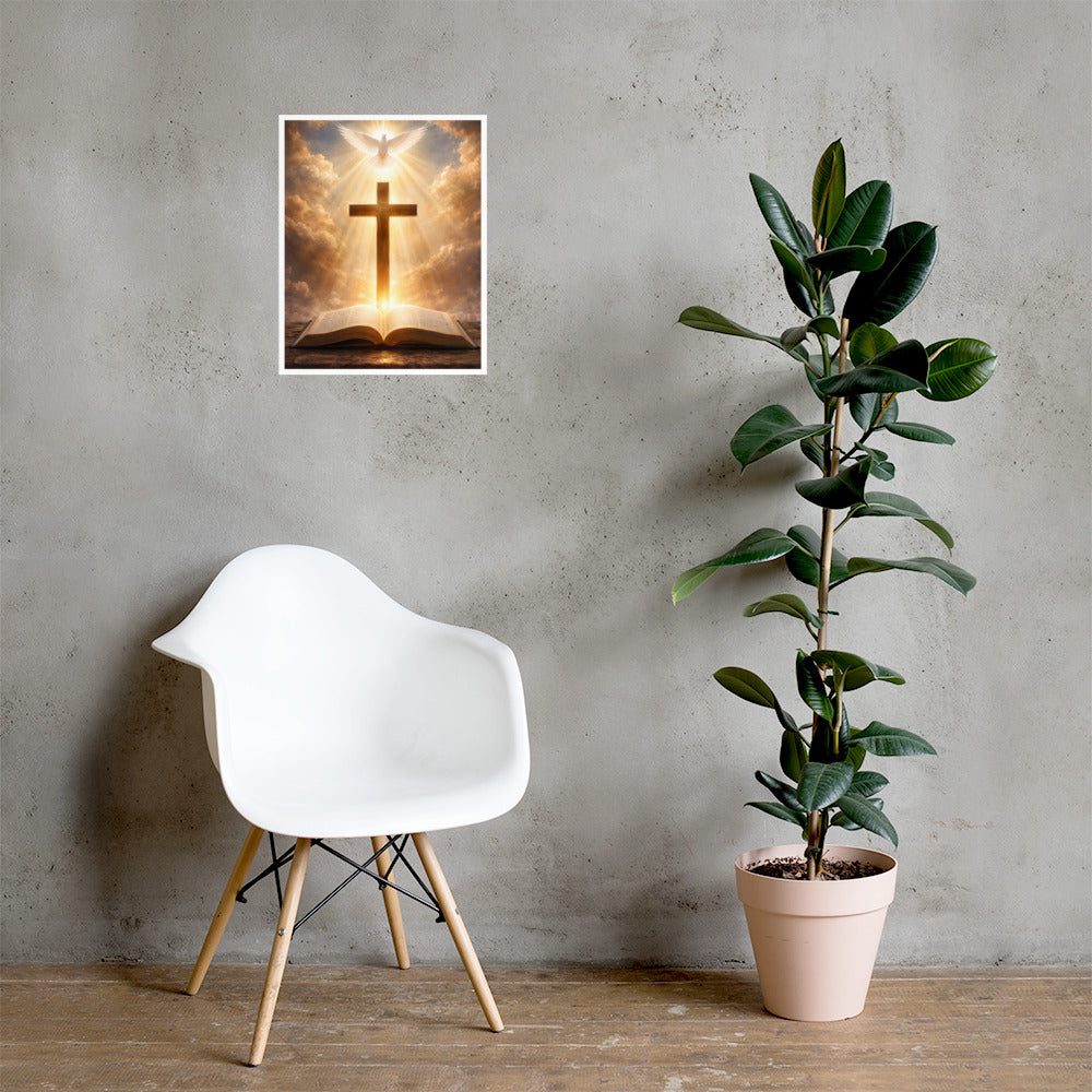 Radiant white dove above a wooden cross with golden light rays shining down onto an open Bible, inspirational Christian faith poster.
