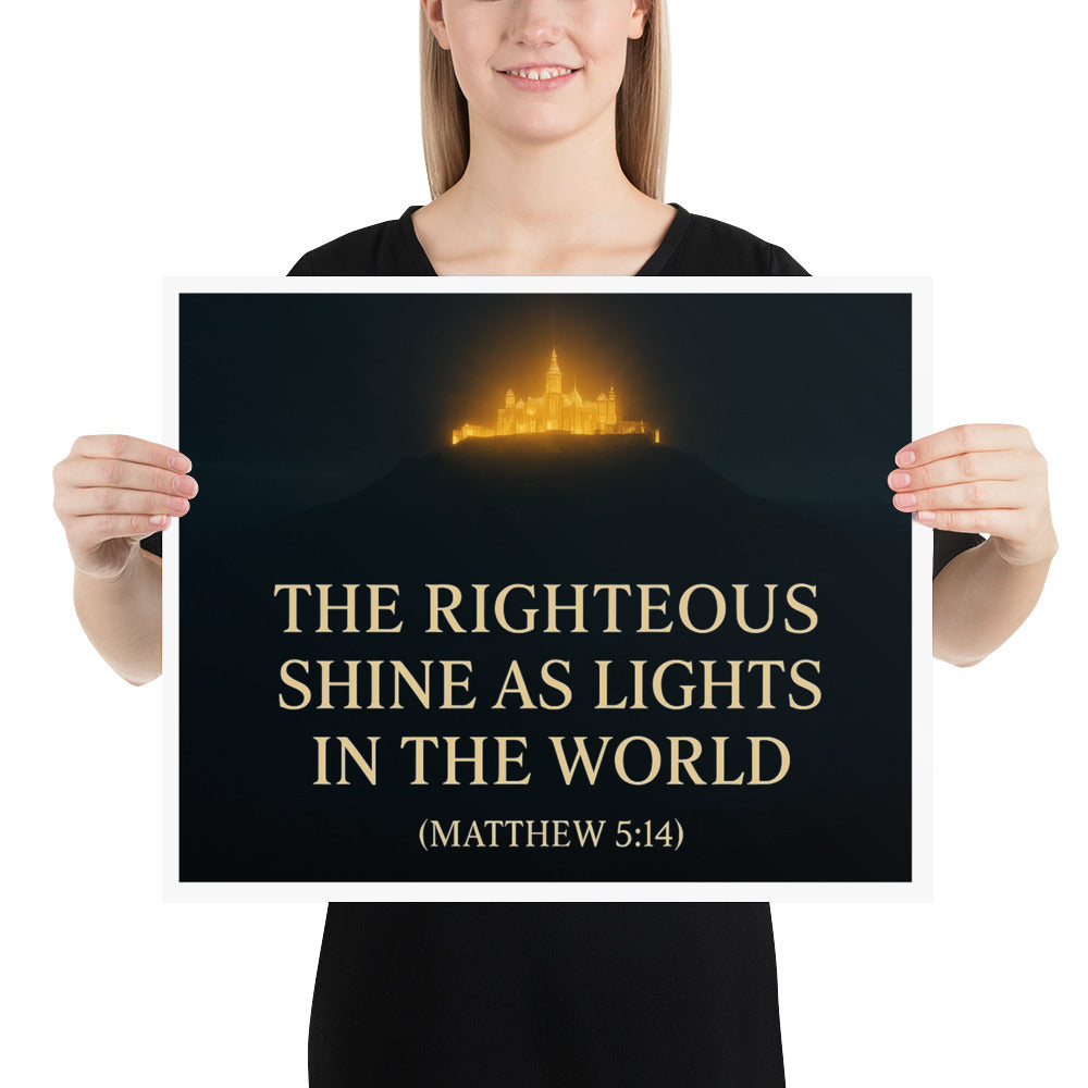 Christian wall art poster of a glowing city on a hill with Matthew 5:14 Scripture – Light of the World inspirational décor.