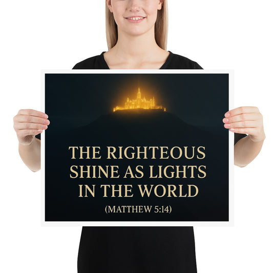Christian wall art poster of a glowing city on a hill with Matthew 5:14 Scripture – Light of the World inspirational décor.