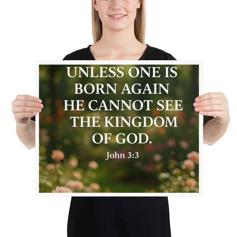 Christian wall art poster with garden flowers and John 3:3 Scripture — faith-based inspirational décor for home or church.