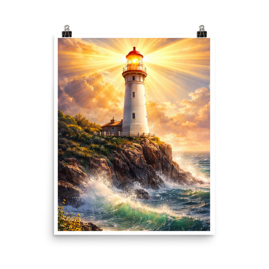 Lighthouse shining bright over ocean waves and rocky cliffs, symbolizing Jesus as the Light of the World