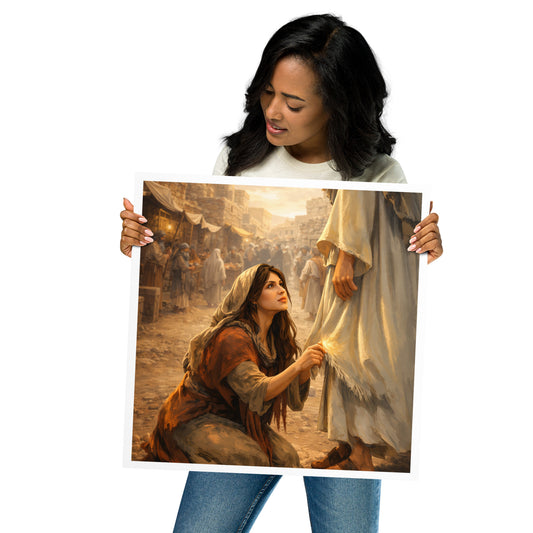 Christian poster art of the woman touching the hem of Jesus’ garment in an ancient marketplace, inspired by Mark 5 faith and healing
