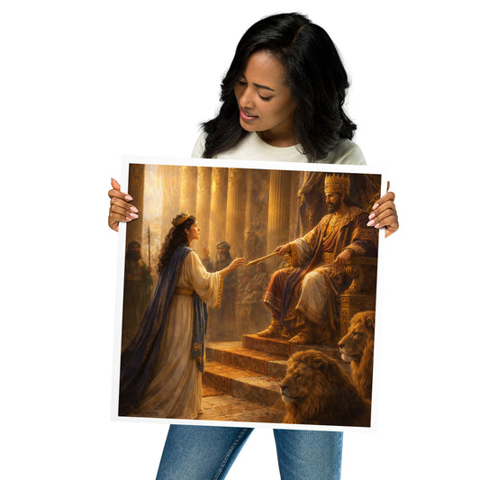 Christian wall art of Queen Esther standing before the king in a golden throne room with lions at his feet, symbolizing courage, favor, and “for such a time as this.”