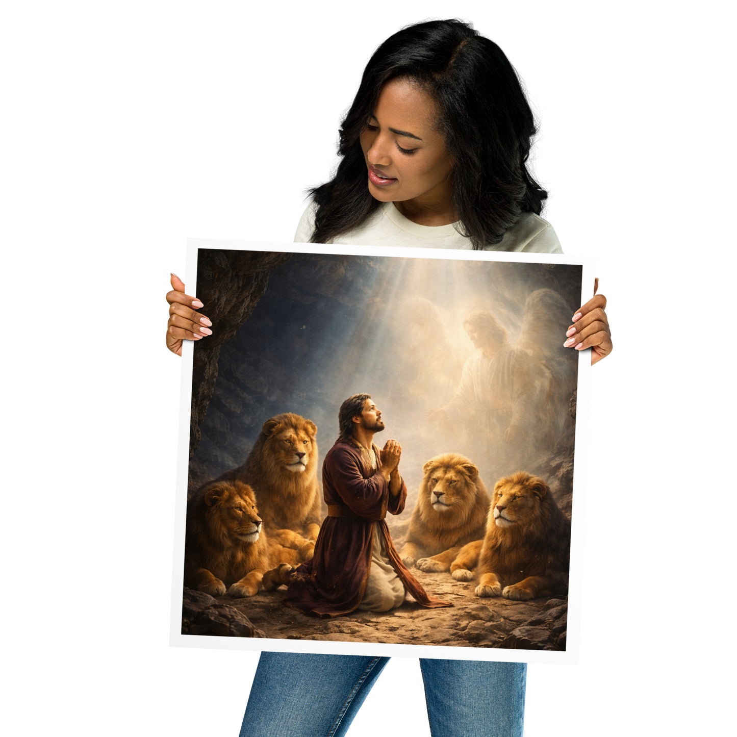 Christian artwork depicting Daniel praying in the lion’s den surrounded by lions with God’s presence shining above, inspired by Daniel chapter 6.