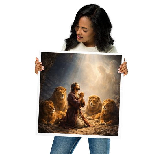 Christian artwork depicting Daniel praying in the lion’s den surrounded by lions with God’s presence shining above, inspired by Daniel chapter 6.