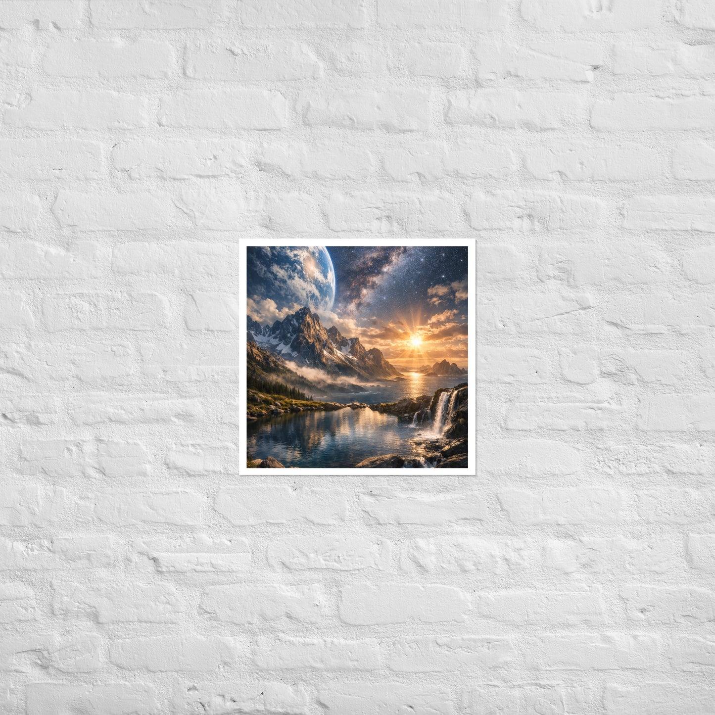 Celestial landscape poster print of jagged mountains beside the ocean at sunrise with a waterfall in the foreground and a star-filled galaxy sky with a planet-like horizon (unframed).