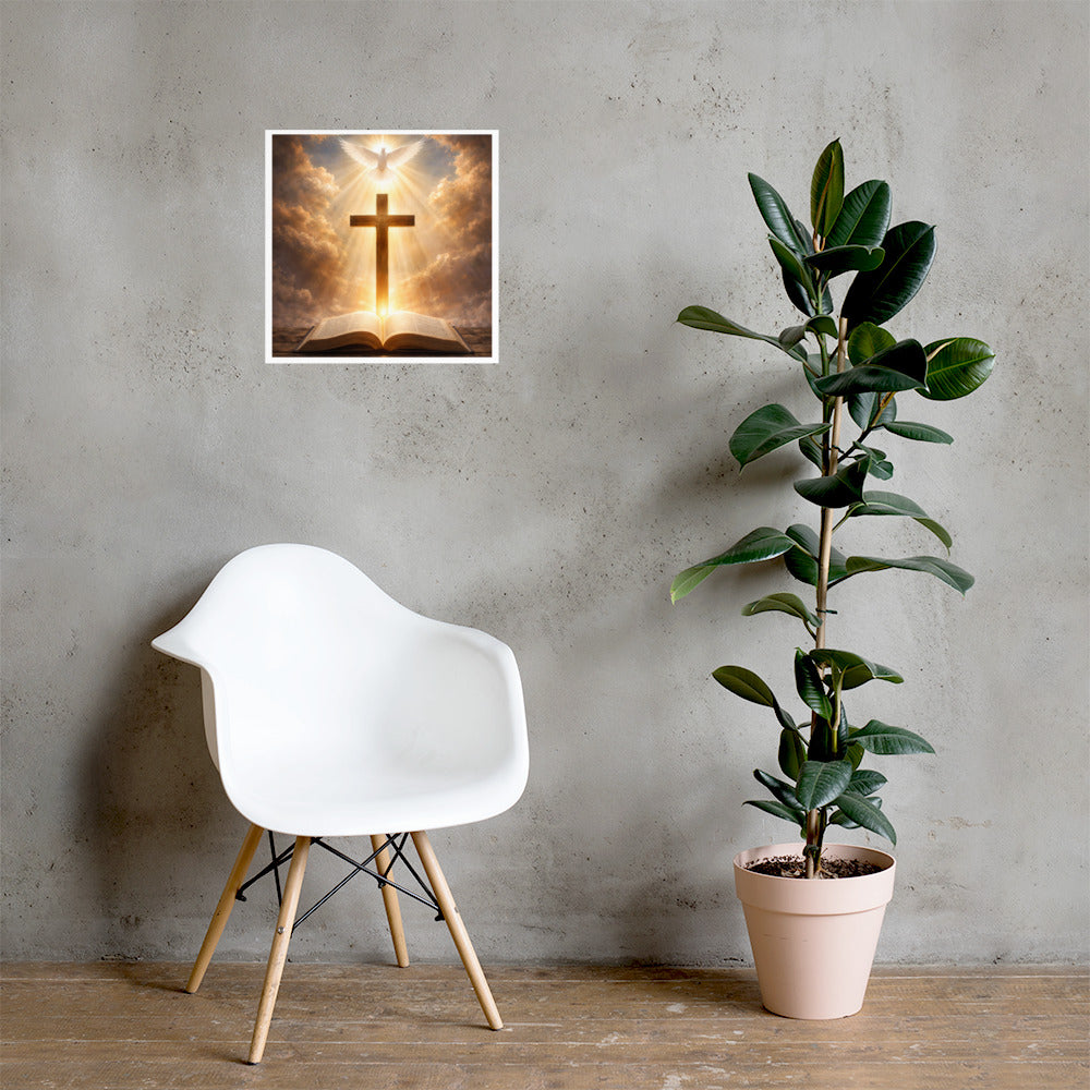 Radiant white dove above a wooden cross with golden light rays shining down onto an open Bible, inspirational Christian faith poster.