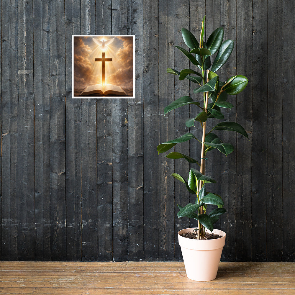 Radiant white dove above a wooden cross with golden light rays shining down onto an open Bible, inspirational Christian faith poster.