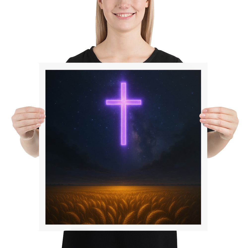 Christian Poster – Glowing Neon Cross Over Wheat Field Harvest Scene | Faith Wall Art by Your Divine Network